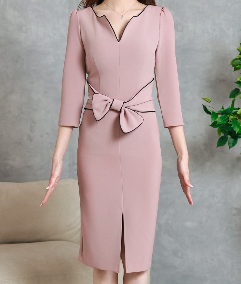 画像7: [韓国製][ S-Lサイズ / 1カラー ][rinfarre]ピンク・七分袖・胸元カット・ウエストリボン・タイト・ミディアムドレス・ワンピース[薗田杏奈着用][送料無料] (7)