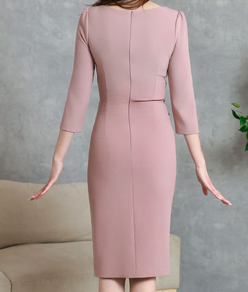 画像9: [韓国製][ S-Lサイズ / 1カラー ][rinfarre]ピンク・七分袖・胸元カット・ウエストリボン・タイト・ミディアムドレス・ワンピース[薗田杏奈着用][送料無料] (9)