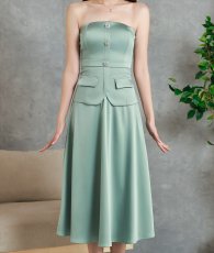 画像8: [韓国製][ S-Lサイズ / 1カラー ][rinfarre]グリーン・ベア・サテン・ボタン・Aライン・ミディアムドレス・ワンピース[薗田杏奈着用][送料無料] (8)