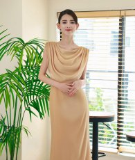 画像9: [ S-Lサイズ / 2カラー ][rinfarre]ドレープネック・シフォン・ベージュ・ネイビー・シンプル・上品・マーメイド・ノースリーブ・ロングドレス[薗田杏奈・黒木麗奈着用][送料無料] (9)