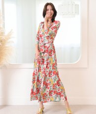 画像3: [ フリーサイズ / 1カラー ][rinfarre]花柄・アート・カラフル・鮮やか・Vネック・カシュクール・七分袖・マキシ・ロングドレス・ラップ・ワンピース[奈月セナ着用][送料無料] (3)