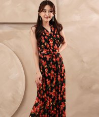 画像3: [ フリーサイズ / 1カラー ][rinfarre]ノースリーブ・Vネック・花柄・カシュクール・ラップワンピース・マキシ・ロングドレス・ワンピース[薗田杏奈着用][送料無料] (3)