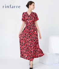 画像1: [ フリーサイズ / 1カラー ][rinfarre]ブラック・レッド・花柄・エスニック・Vネック・カシュクール・半袖・マキシ・ロングドレス・ラップ・ワンピース[黒木麗奈着用][送料無料] (1)