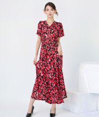 画像2: [ フリーサイズ / 1カラー ][rinfarre]ブラック・レッド・花柄・エスニック・Vネック・カシュクール・半袖・マキシ・ロングドレス・ラップ・ワンピース[黒木麗奈着用][送料無料] (2)