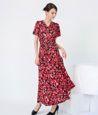 画像4: [ フリーサイズ / 1カラー ][rinfarre]ブラック・レッド・花柄・エスニック・Vネック・カシュクール・半袖・マキシ・ロングドレス・ラップ・ワンピース[黒木麗奈着用][送料無料] (4)