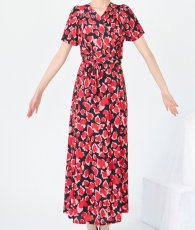 画像7: [ フリーサイズ / 1カラー ][rinfarre]ブラック・レッド・花柄・エスニック・Vネック・カシュクール・半袖・マキシ・ロングドレス・ラップ・ワンピース[黒木麗奈着用][送料無料] (7)