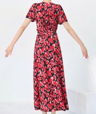 画像9: [ フリーサイズ / 1カラー ][rinfarre]ブラック・レッド・花柄・エスニック・Vネック・カシュクール・半袖・マキシ・ロングドレス・ラップ・ワンピース[黒木麗奈着用][送料無料] (9)