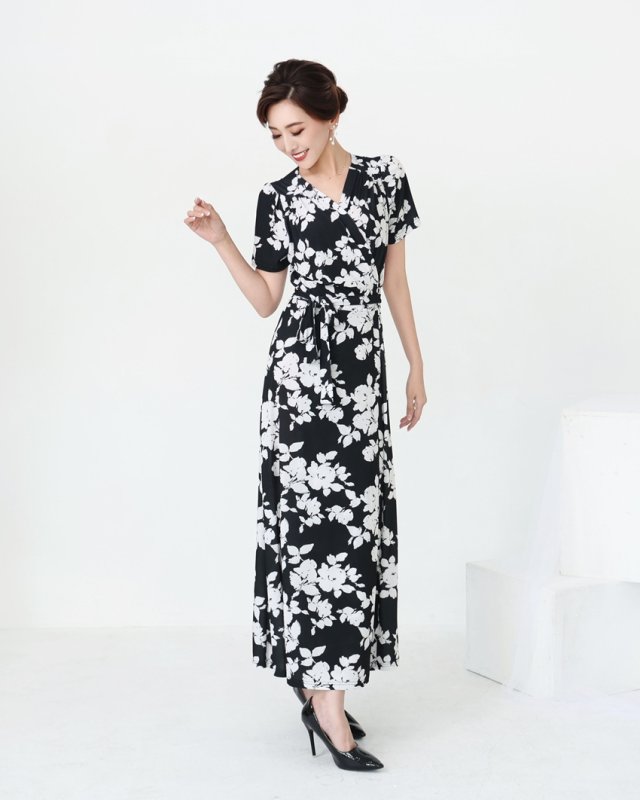 半袖・Vネック・花柄・カシュクール・マキシ・ロングドレス