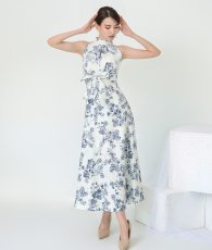 画像2: [ S-Lサイズ / 2カラー ][rinfarre]ホルターネック・トワル柄・リボン・Aライン・ノースリーブ・ロングドレス・ワンピース[黒木麗奈・薗田杏奈着用][送料無料] (2)