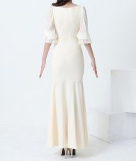 画像12: [ S-Lサイズ / 1カラー ][rinfarre]シャーリング・七分袖 ・ラッフルスリーブ・シアー・マーメイド・ロングドレス ワンピース[薗田杏奈着用][送料無料] (12)