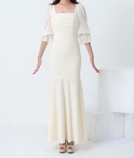 画像10: [ S-Lサイズ / 1カラー ][rinfarre]シャーリング・七分袖 ・ラッフルスリーブ・シアー・マーメイド・ロングドレス ワンピース[薗田杏奈着用][送料無料] (10)