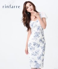 画像1: [ S-Lサイズ / 1カラー ][rinfarre]花柄・ホワイト×ネイビー・フレアスリーブ・タイト・ミディアムドレス・ワンピース[薗田杏奈着用][送料無料] (1)