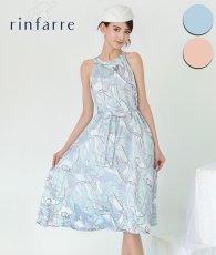 画像1: [ S-Lサイズ / 2カラー ][rinfarre]ホルターネック・総柄・フレア・ウエストリボン・ミディアムドレス・ワンピース[黒木麗奈・稲垣姫菜着用][送料無料] (1)