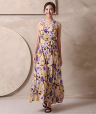 画像5: [ フリーサイズ / 1カラー ][rinfarre]ノースリーブ・Vネック・マスタード×パープル・カシュクール・マキシ・ロングドレス・ワンピース[山崎みどりちゃん着用][送料無料]myyl (5)