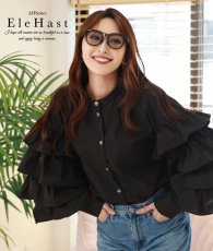 画像1: [ フリーサイズ / 1カラー ][EleHast]ブラック・3段ボリュームフリルスリーブ・バンドカラーブラウス・スタンドカラーシャツ[薗田杏奈着用][送料無料] (1)