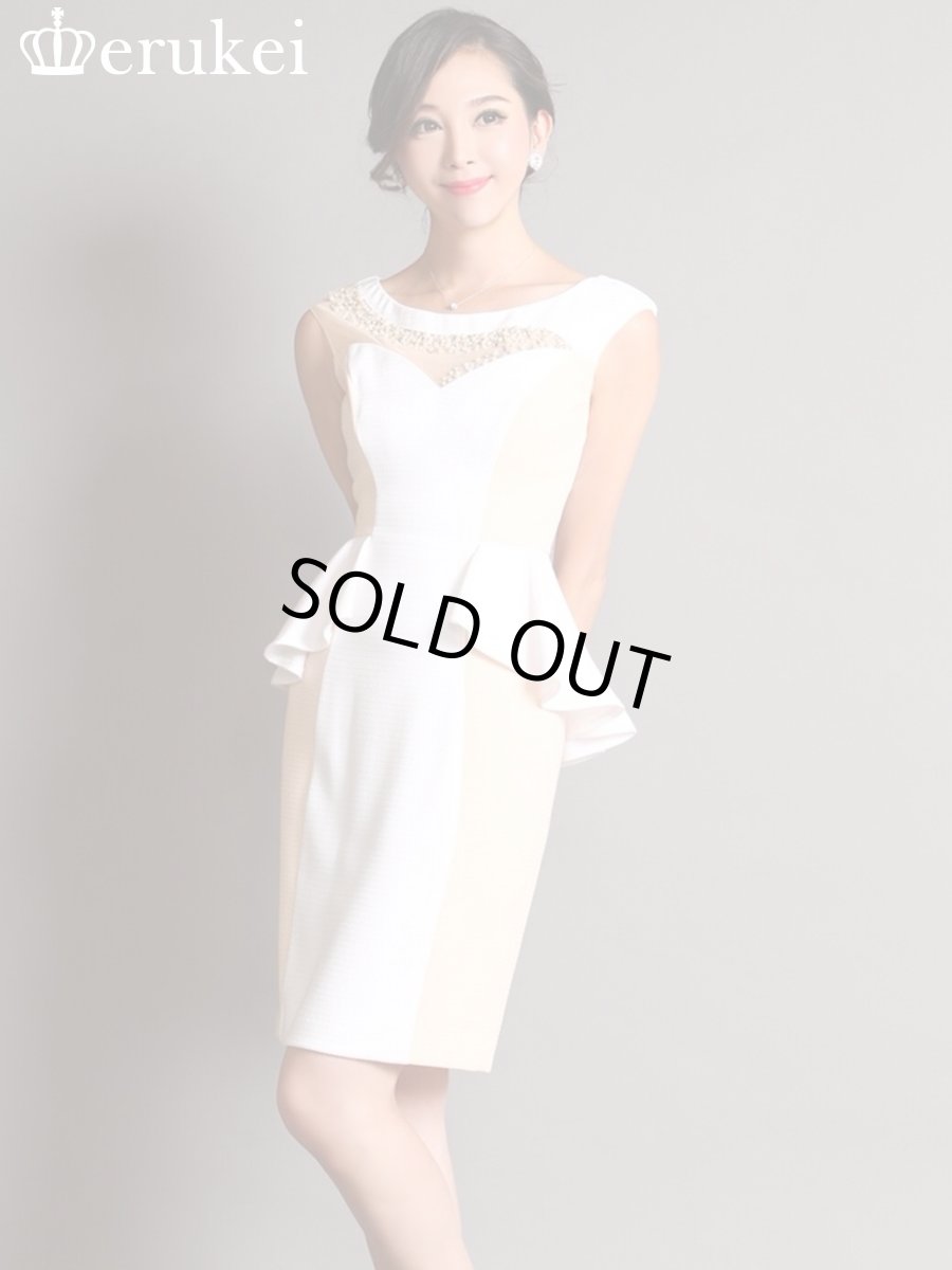 画像9: [SALE品のため返品不可＆再入荷なしの現品限り][ERUKEI][山崎みどり着用][姉ageha]パールビジュー＆シースルー・バイカラー・ぺプラム・ノースリーブ・タイト・ミニドレス・ワンピース (9)