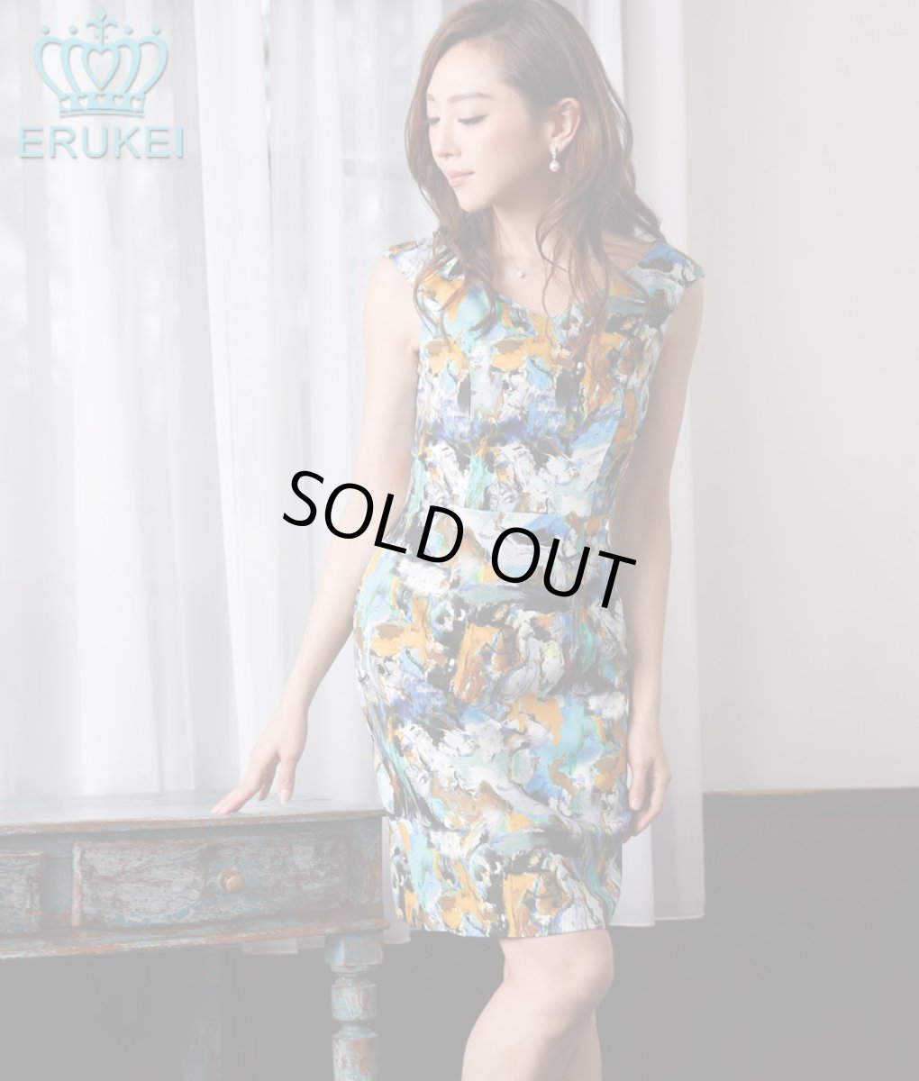 画像2: [SALE品のため返品不可＆再入荷なしの現品限り][ERUKEI]ペイントマーブル柄・Vネック・胸下切り替え・フレンチスリーブ・タイト・ミニドレス・ワンピース[山崎みどり・薗田杏奈着用]mylu (2)