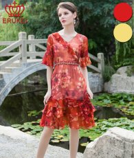 画像1: [SALE品のため返品不可＆再入荷なしの現品限り][ERUKEI]シルク・ティアード・五分袖・ウエストビジュー・Vネック・ミニドレス・ワンピース (1)