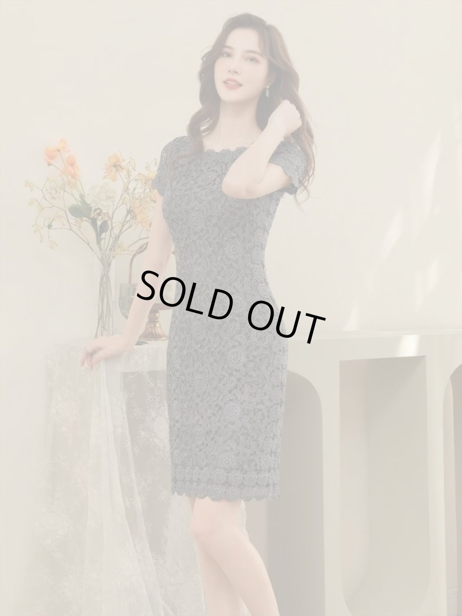 画像5: [ERUKEI]ピンク・シルバー・ブラック・金糸・総レース・ラメレース・半袖・タイト・ミディアムドレス・ワンピース[送料無料] (5)