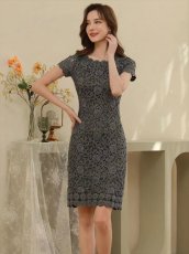 画像8: [ERUKEI]ピンク・シルバー・ブラック・金糸・総レース・ラメレース・半袖・タイト・ミディアムドレス・ワンピース[送料無料] (8)