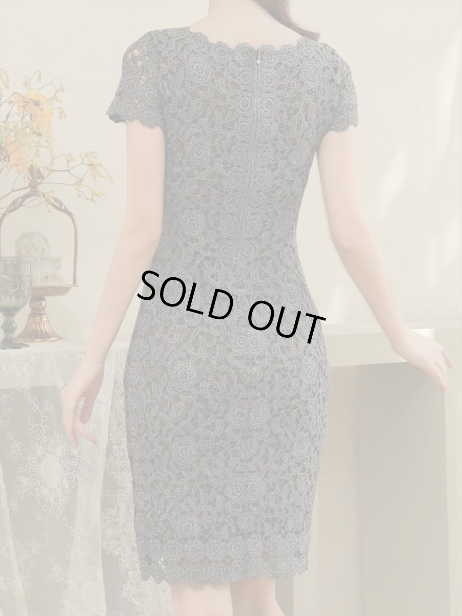 画像14: [ERUKEI]ピンク・シルバー・ブラック・金糸・総レース・ラメレース・半袖・タイト・ミディアムドレス・ワンピース[送料無料] (14)