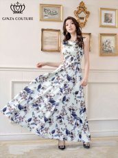 画像1: [ XS-Lサイズ / 2カラー ][ERUKEI/GINZA COUTURE]ピンク・グリーン・花柄・プリント・ノースリーブ・Aライン・ハイウエスト・ロングドレス[送料無料] (1)