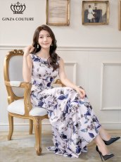 画像2: [ XS-Lサイズ / 2カラー ][ERUKEI/GINZA COUTURE]ピンク・グリーン・花柄・プリント・ノースリーブ・Aライン・ハイウエスト・ロングドレス[送料無料] (2)