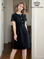 画像2: [ERUKEI/GINZA COUTURE]ブラック・パープル・ホワイト・グリーン・ パールボタン・半袖・ツイード・ミニドレス・ワンピース[送料無料] (2)