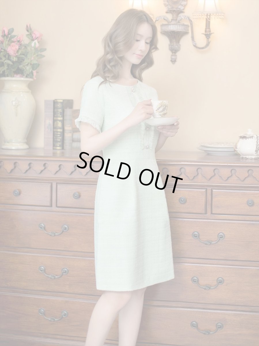 画像12: [ERUKEI/GINZA COUTURE]ブラック・パープル・ホワイト・グリーン・ パールボタン・半袖・ツイード・ミニドレス・ワンピース[送料無料] (12)