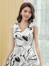 画像6: [ERUKEI/GINZA COUTURE]ワインレッド・ホワイト・プリント・肩リボン・Aライン・ミディアムドレス・ワンピース[送料無料] (6)