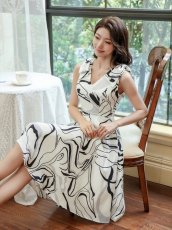 画像8: [ERUKEI/GINZA COUTURE]ワインレッド・ホワイト・プリント・肩リボン・Aライン・ミディアムドレス・ワンピース[送料無料] (8)