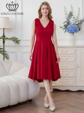 画像1: [ERUKEI/GINZA COUTURE]ワインレッド・ホワイト・プリント・肩リボン・Aライン・ミディアムドレス・ワンピース[送料無料] (1)