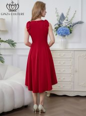 画像5: [ERUKEI/GINZA COUTURE]ワインレッド・ホワイト・プリント・肩リボン・Aライン・ミディアムドレス・ワンピース[送料無料] (5)