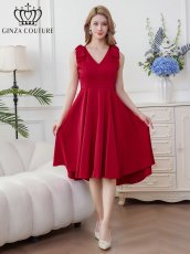 画像9: [ERUKEI/GINZA COUTURE]ワインレッド・ホワイト・プリント・肩リボン・Aライン・ミディアムドレス・ワンピース[送料無料] (9)