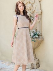 画像6: [ERUKEI/GINZA COUTURE]レッド・ネイビー・ベージュ・ツイード・フリンジ・パイピング・ノースリーブ・ハイウエスト・Aライン・ミディアムドレス・ワンピース[送料無料] (6)