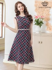 画像2: [ERUKEI/GINZA COUTURE]レッド・ネイビー・ベージュ・ツイード・フリンジ・パイピング・ノースリーブ・ハイウエスト・Aライン・ミディアムドレス・ワンピース[送料無料] (2)