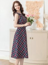 画像5: [ERUKEI/GINZA COUTURE]レッド・ネイビー・ベージュ・ツイード・フリンジ・パイピング・ノースリーブ・ハイウエスト・Aライン・ミディアムドレス・ワンピース[送料無料] (5)