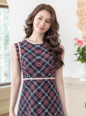 画像11: [ERUKEI/GINZA COUTURE]レッド・ネイビー・ベージュ・ツイード・フリンジ・パイピング・ノースリーブ・ハイウエスト・Aライン・ミディアムドレス・ワンピース[送料無料] (11)