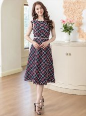 画像14: [ERUKEI/GINZA COUTURE]レッド・ネイビー・ベージュ・ツイード・フリンジ・パイピング・ノースリーブ・ハイウエスト・Aライン・ミディアムドレス・ワンピース[送料無料] (14)