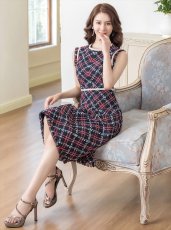画像17: [ERUKEI/GINZA COUTURE]レッド・ネイビー・ベージュ・ツイード・フリンジ・パイピング・ノースリーブ・ハイウエスト・Aライン・ミディアムドレス・ワンピース[送料無料] (17)