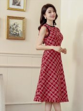 画像4: [ERUKEI/GINZA COUTURE]レッド・ネイビー・ベージュ・ツイード・フリンジ・パイピング・ノースリーブ・ハイウエスト・Aライン・ミディアムドレス・ワンピース[送料無料] (4)