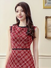画像10: [ERUKEI/GINZA COUTURE]レッド・ネイビー・ベージュ・ツイード・フリンジ・パイピング・ノースリーブ・ハイウエスト・Aライン・ミディアムドレス・ワンピース[送料無料] (10)