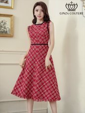画像1: [ERUKEI/GINZA COUTURE]レッド・ネイビー・ベージュ・ツイード・フリンジ・パイピング・ノースリーブ・ハイウエスト・Aライン・ミディアムドレス・ワンピース[送料無料] (1)