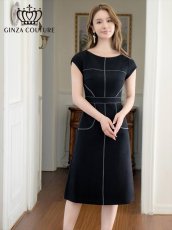 画像2: [ERUKEI/GINZA COUTURE]シンプル・ステッチ・ポケット付き・フレンチスリーブ・ハイウエスト・ミディアムドレス・ワンピース[送料無料] (2)