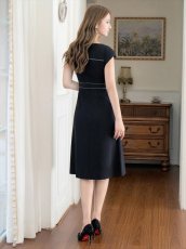 画像6: [ERUKEI/GINZA COUTURE]シンプル・ステッチ・ポケット付き・フレンチスリーブ・ハイウエスト・ミディアムドレス・ワンピース[送料無料] (6)