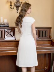 画像5: [ERUKEI/GINZA COUTURE]シンプル・ステッチ・ポケット付き・フレンチスリーブ・ハイウエスト・ミディアムドレス・ワンピース[送料無料] (5)