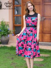 画像1: [ERUKEI/GINZA COUTURE]花柄・プリント・ノースリーブ・ハイウエスト・ウエスト切り替え・Aライン・ミディアムドレス・ワンピース[送料無料] (1)