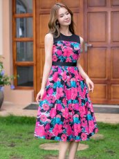 画像3: [ERUKEI/GINZA COUTURE]花柄・プリント・ノースリーブ・ハイウエスト・ウエスト切り替え・Aライン・ミディアムドレス・ワンピース[送料無料] (3)