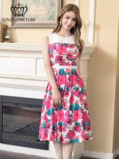 画像2: [ERUKEI/GINZA COUTURE]花柄・プリント・ノースリーブ・ハイウエスト・ウエスト切り替え・Aライン・ミディアムドレス・ワンピース[送料無料] (2)