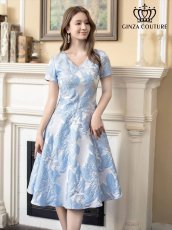 画像3: [ERUKEI/GINZA COUTURE]イエロー・ホワイト・ブルー・花柄・ジャガード・切り替え・Aライン・半袖・ミディアムドレス・ワンピース[送料無料] (3)